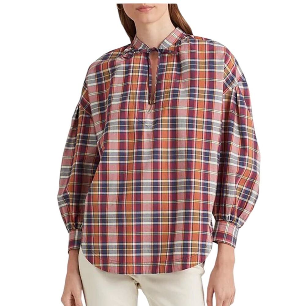 Lauren Ralph Lauren Cotton Madras Tie-Neck Blouse New Size Medium